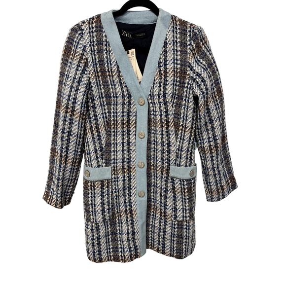 Zara NWT Medium Denim/Tweed Blue Long Preppy Old Money Luxe Blogger Blazer - Picture 2 of 6